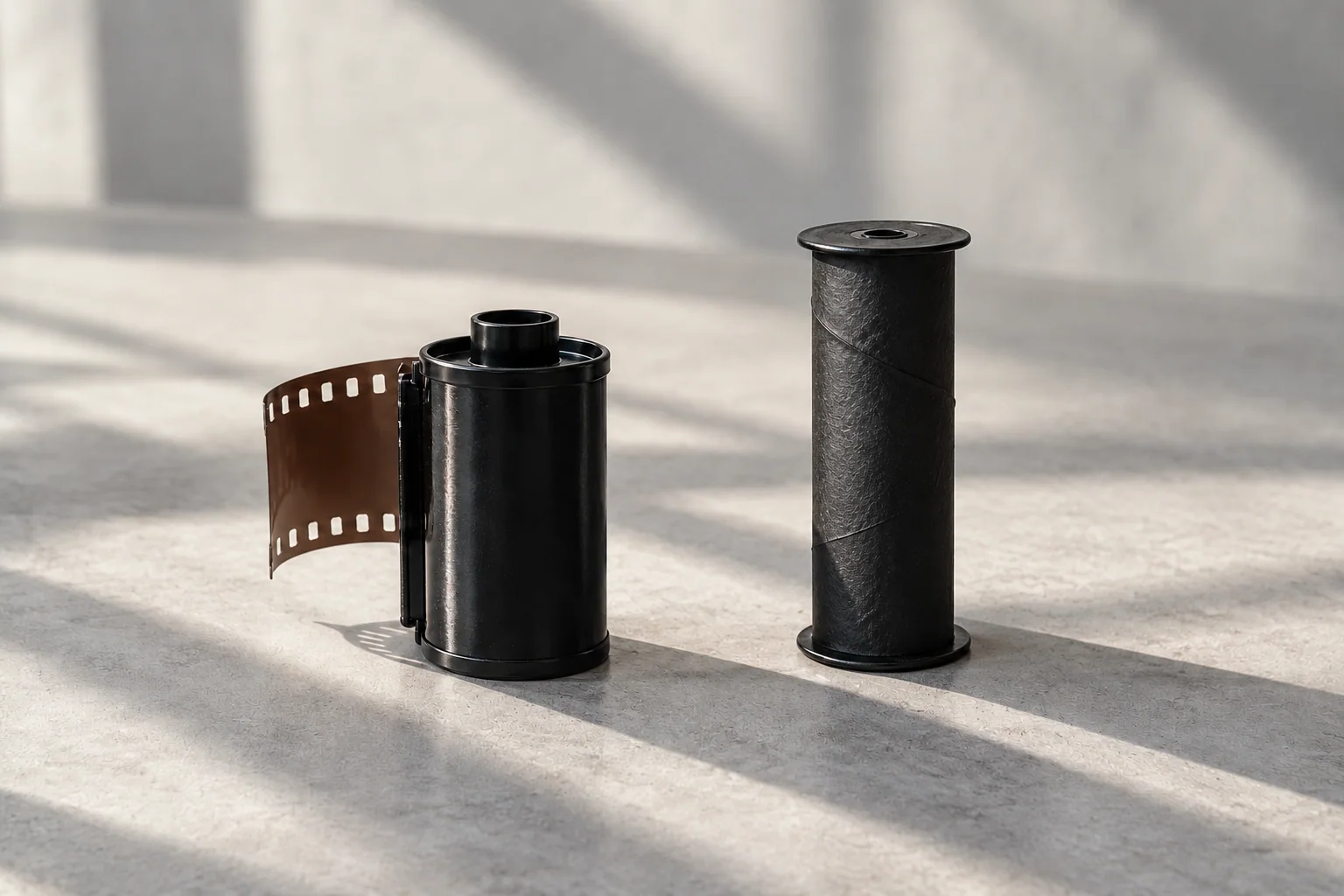 A small metal 35mm cassette beside a larger roll of 120 film wrapped in backing paper.