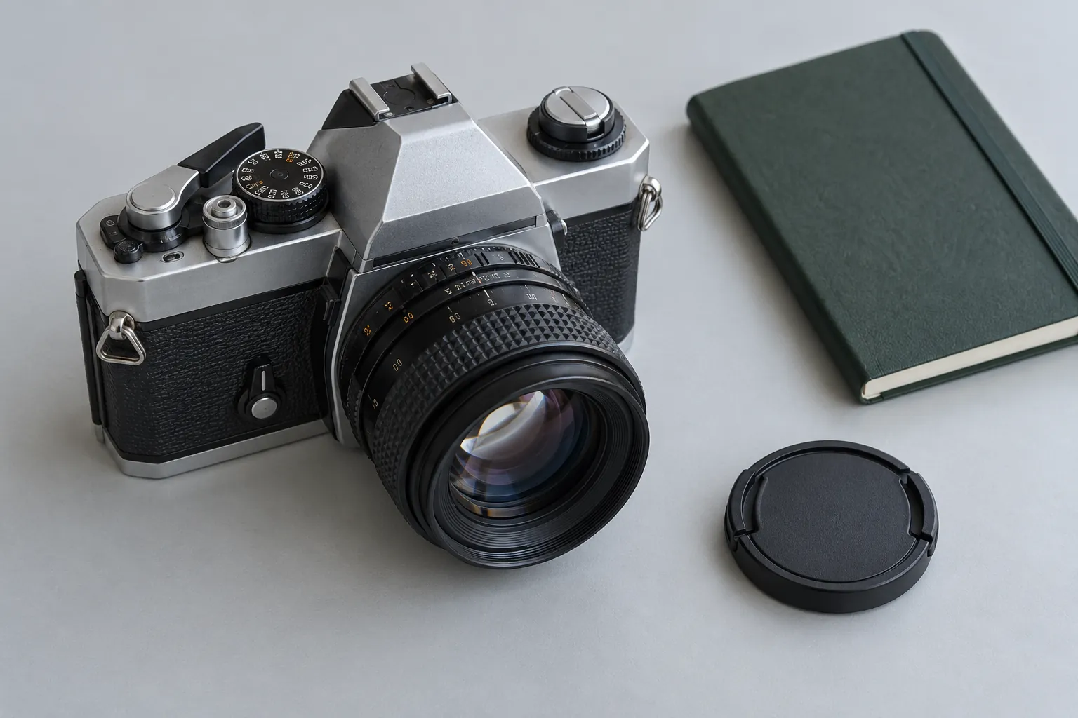A silver manual-focus SLR, lens cap and dark green notebook on a clean gray desk.