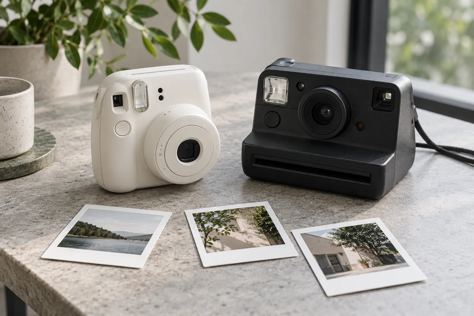 Two modern instant cameras and white-bordered prints on a pale stone table.
