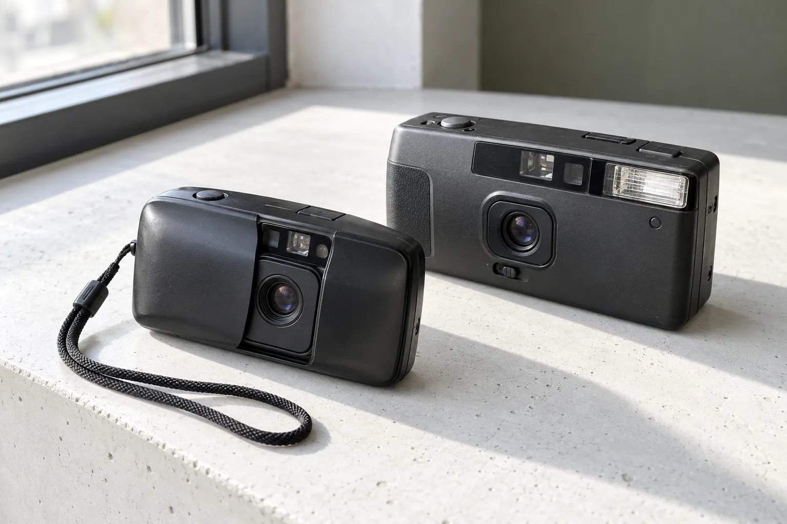 Two black autofocus film compacts, including a sliding-cover camera, on a white bench.