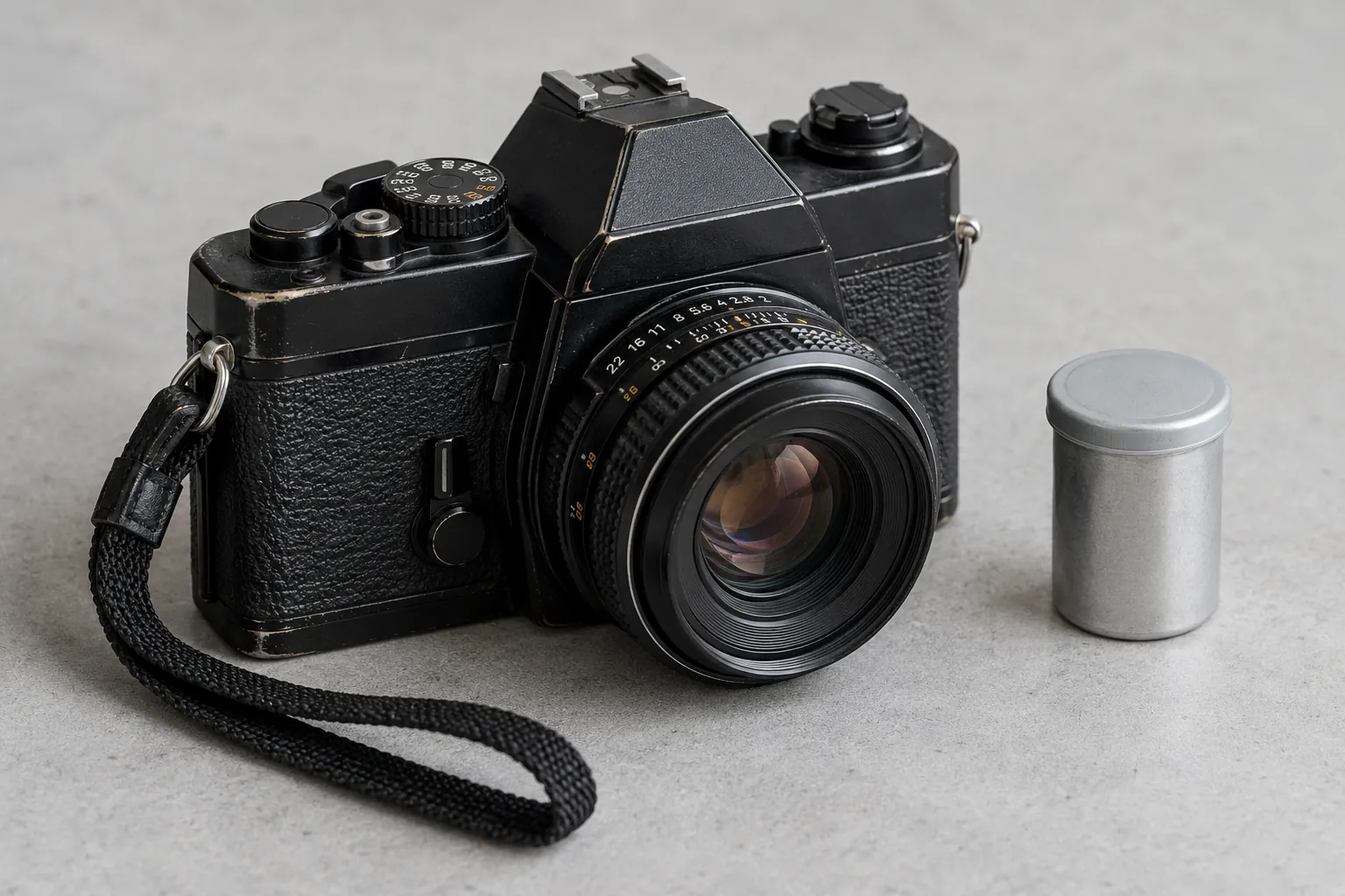 A lightly worn black film SLR with a simple strap beside a plain film canister.