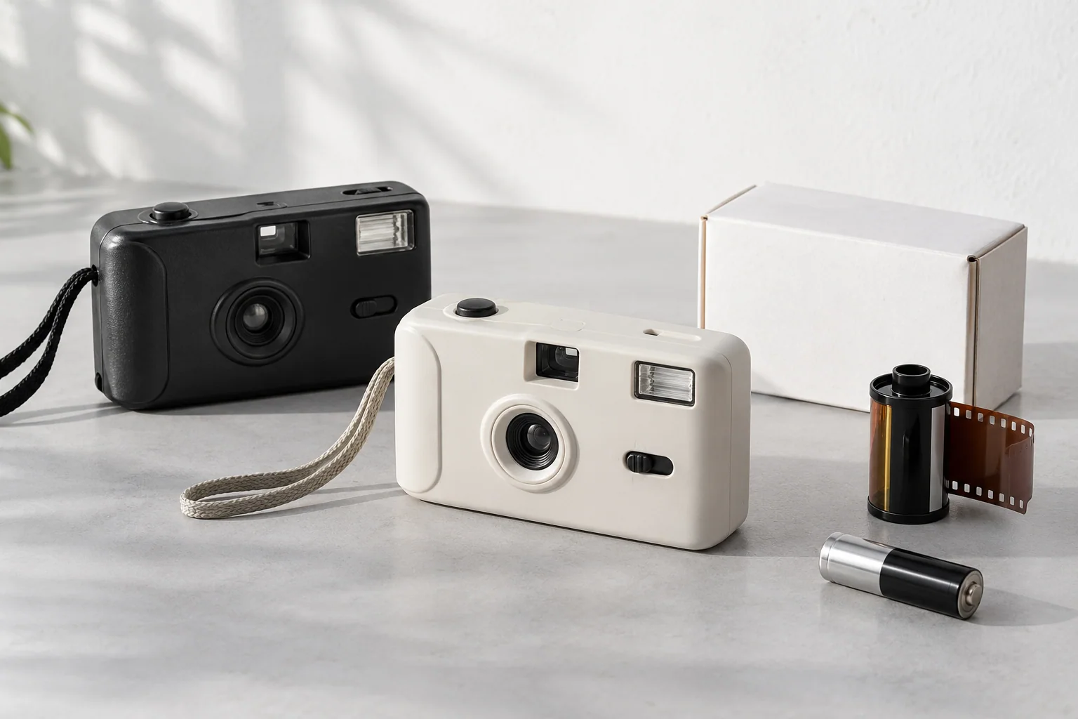 Two simple reusable film cameras with a cassette and battery beside plain packaging.