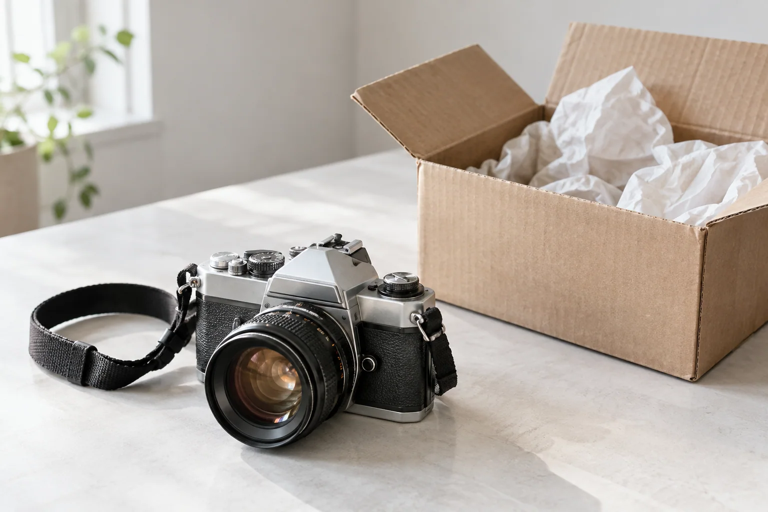 A used film SLR and camera strap beside an open plain shipping box.