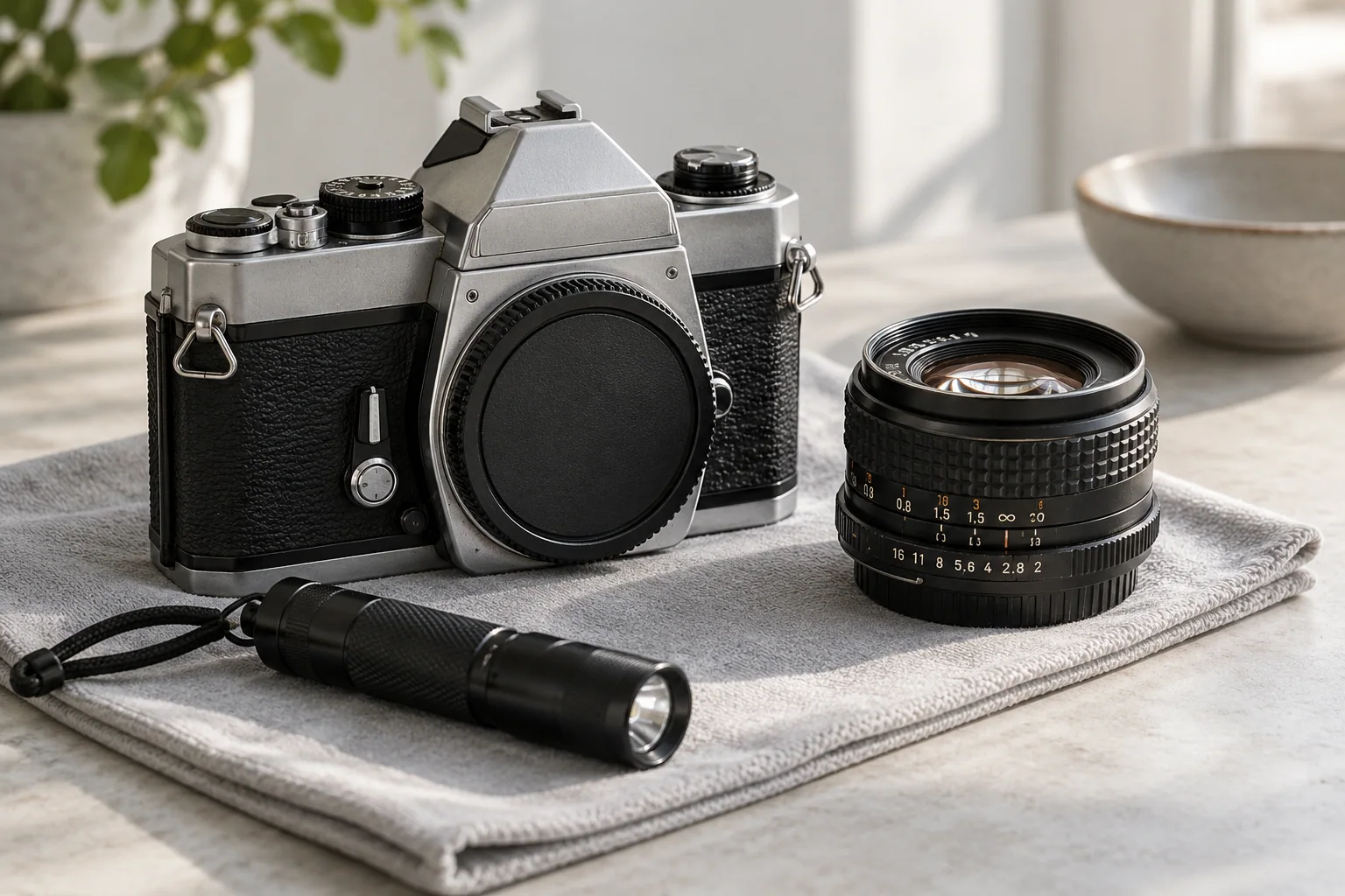 A vintage SLR, detached lens and small inspection light on a clean gray cloth.