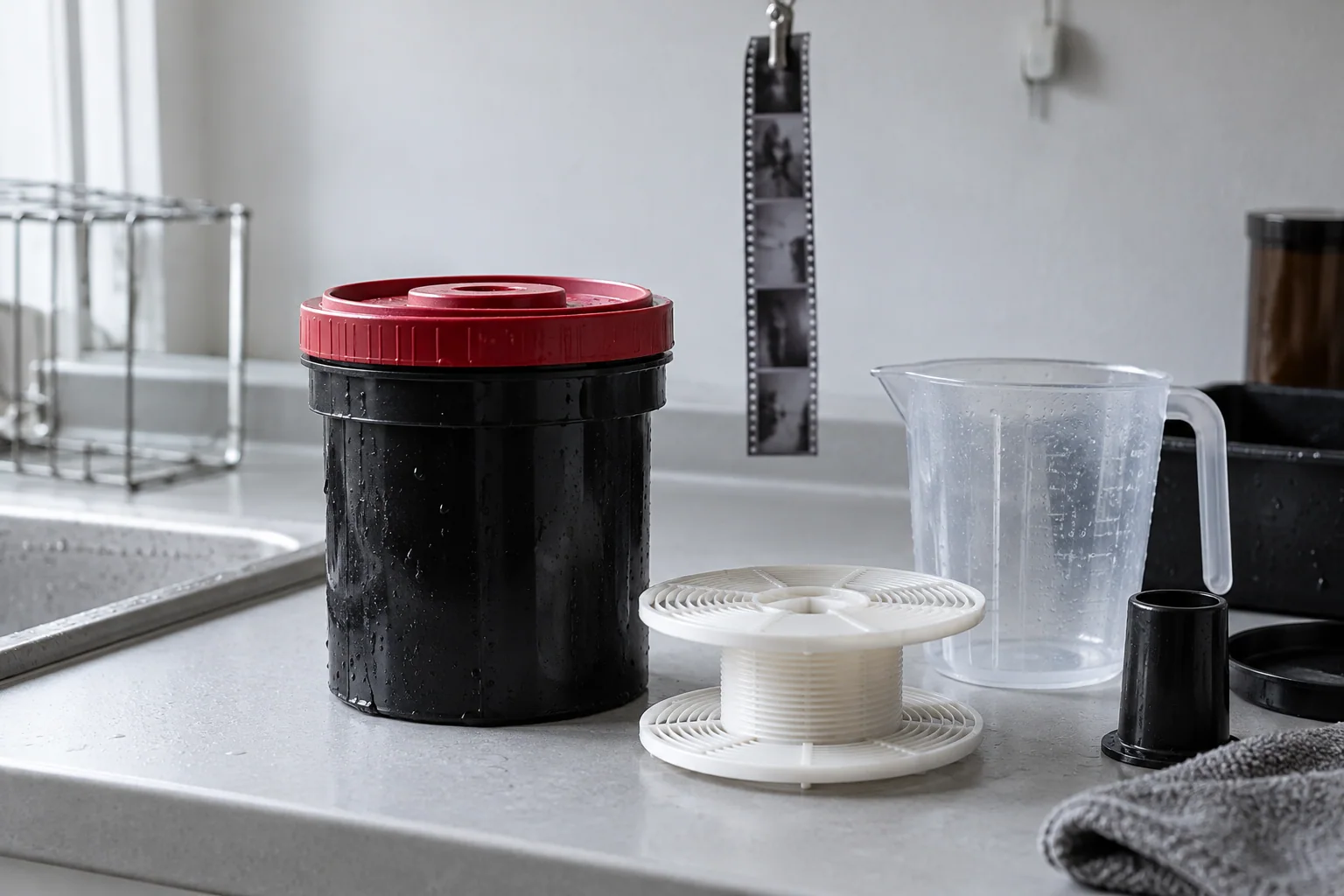 A closed black developing tank, white film reel and measuring jug on a clean processing bench.