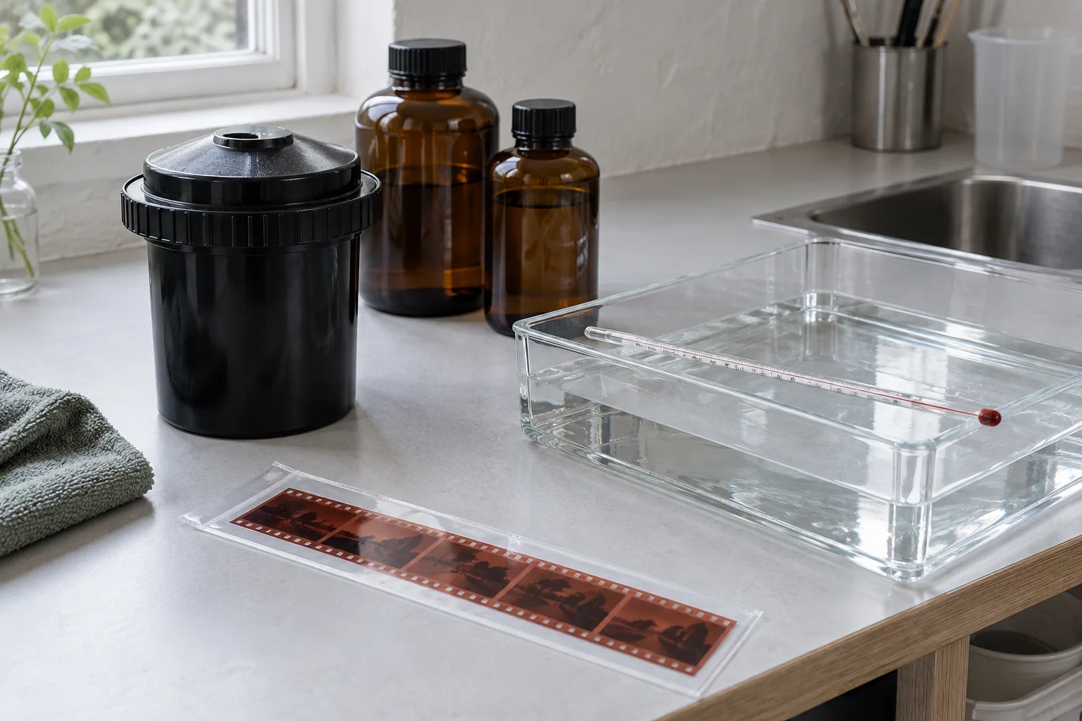 A sealed developing tank and capped amber bottles beside a water bath on a film-processing workbench.