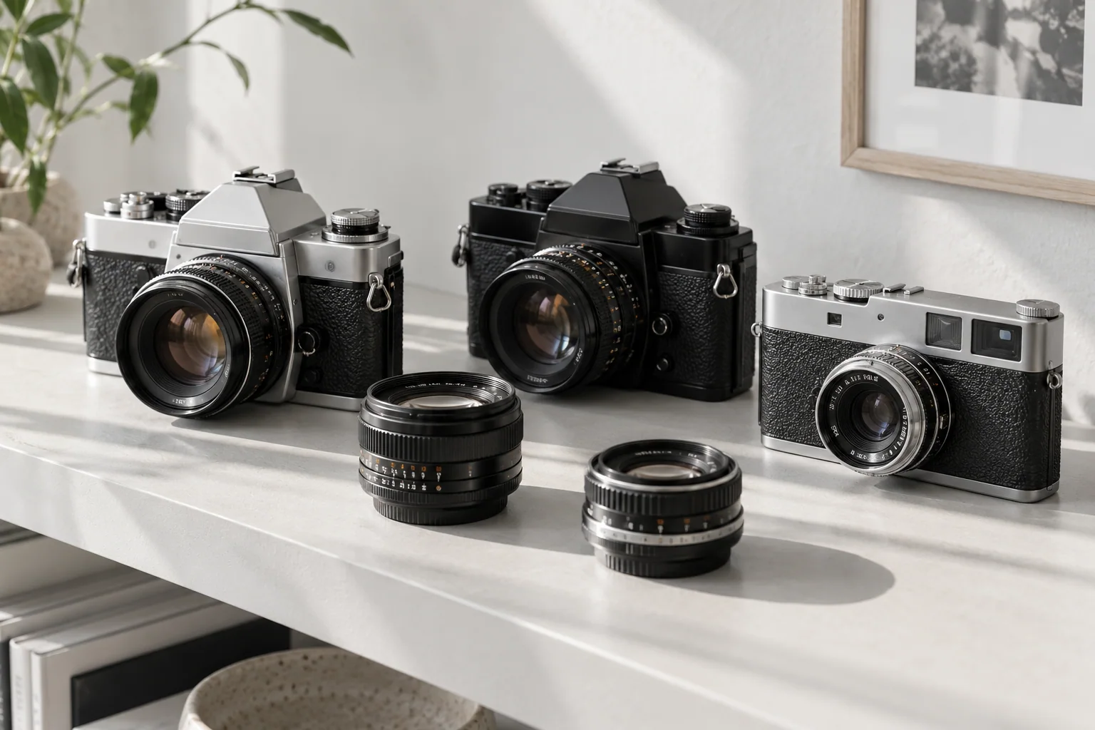 Different unbranded vintage camera systems and detached lenses on a neutral display shelf.