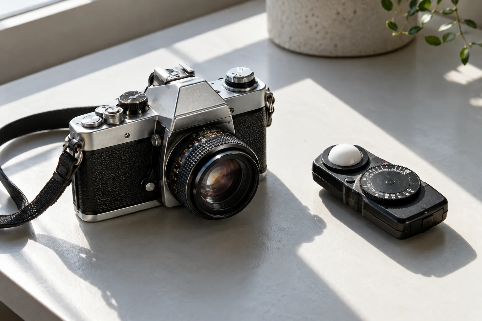 A silver manual film camera and handheld light meter beside a window casting crisp shadows.