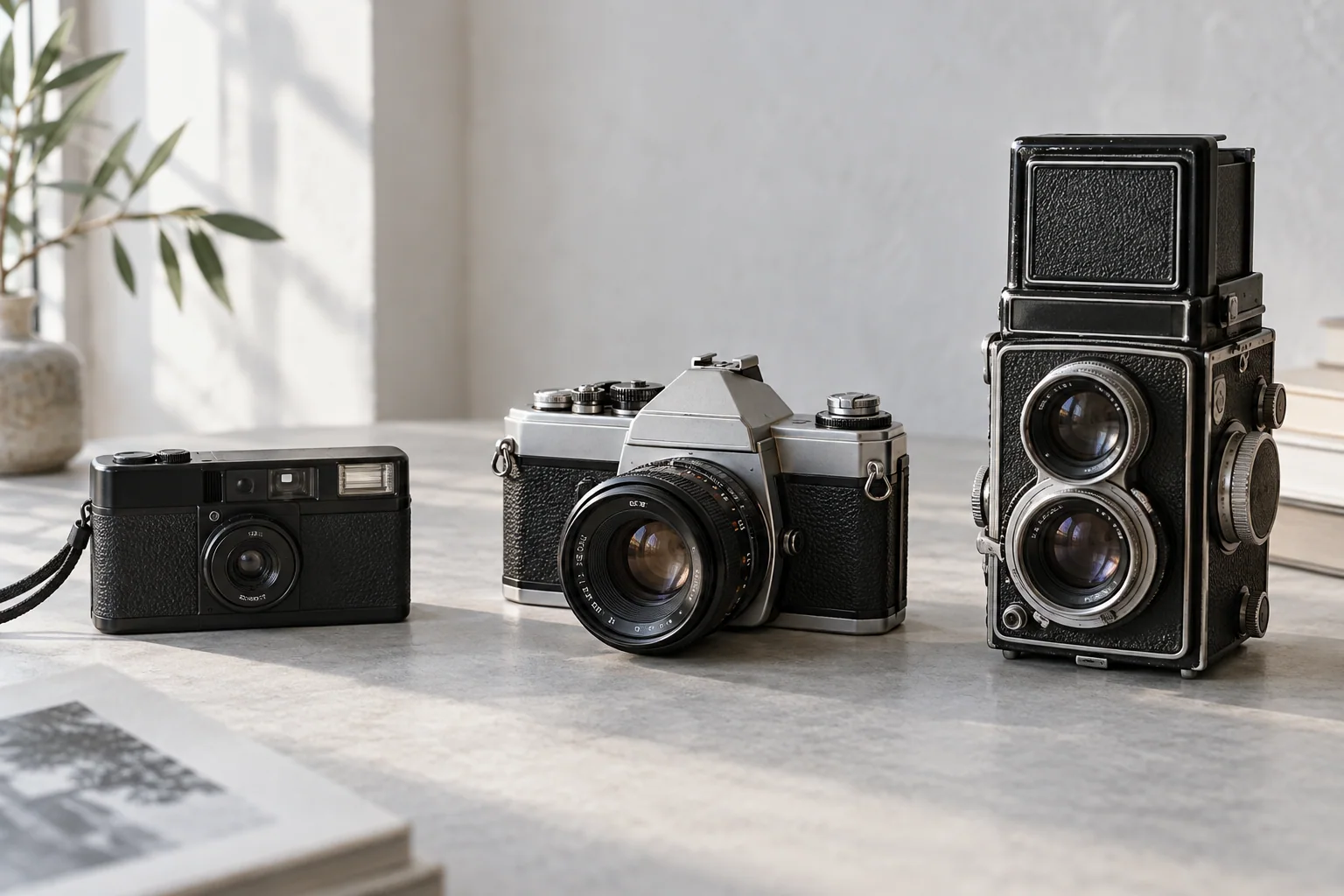 A compact film camera, a silver SLR and a twin-lens reflex camera arranged on a pale studio table.