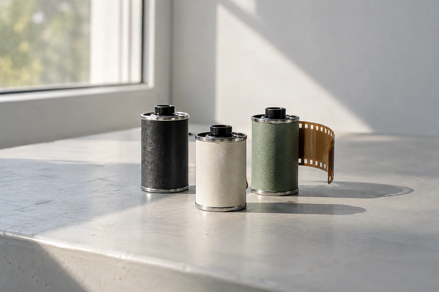 Three unbranded 35mm film cassettes on a pale tabletop, with soft window shadows crossing the surface.