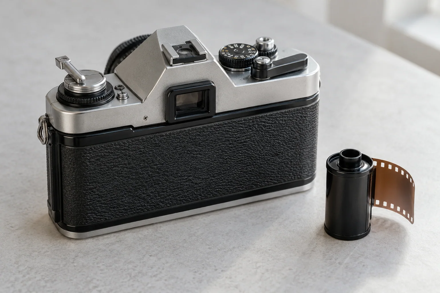 A closed manual-wind 35mm camera with a film cassette and short curled leader on a clean table.