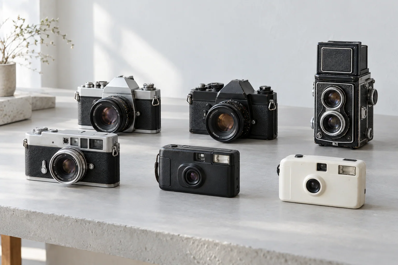 A collection of six distinct film camera types on a bright studio display.