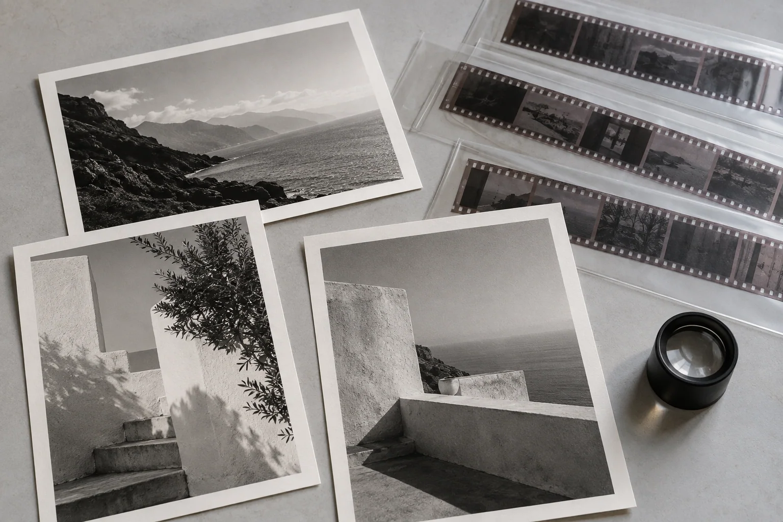 Black-and-white photographic prints and developed negative sleeves arranged on a light table.