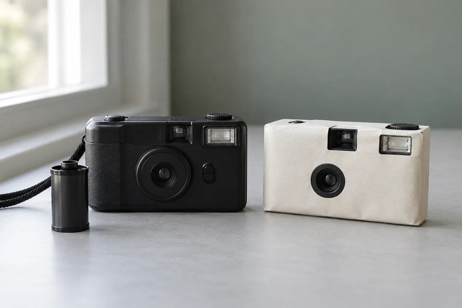 A plain black reusable film camera beside a paper-wrapped single-use camera and film cassette.