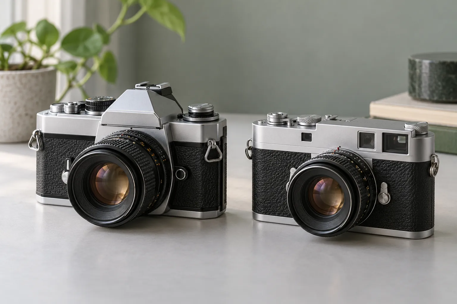 A silver SLR with a raised prism beside a flat-topped silver rangefinder camera.