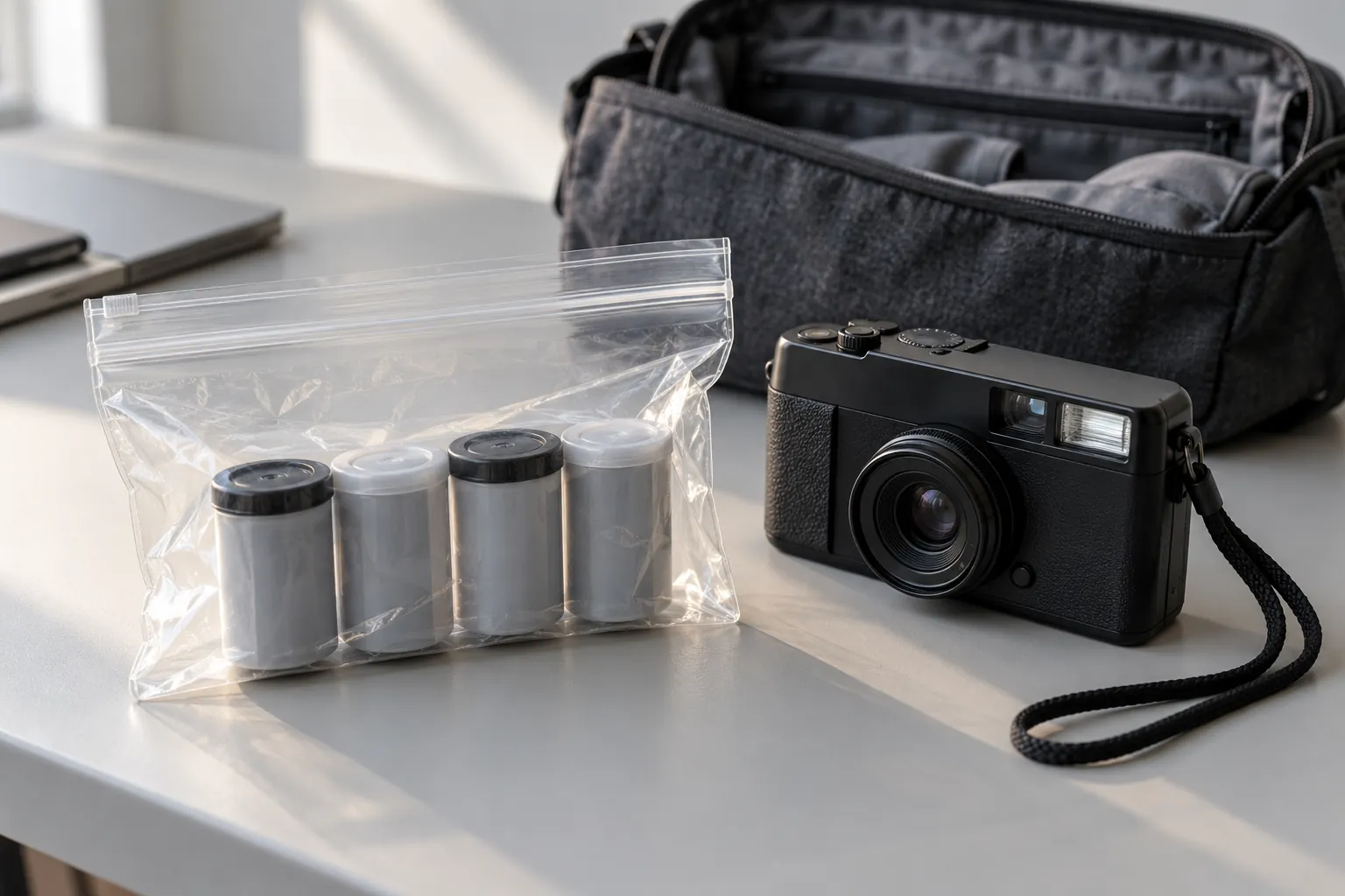 Closed film canisters in a transparent travel pouch beside a compact camera and dark travel bag.