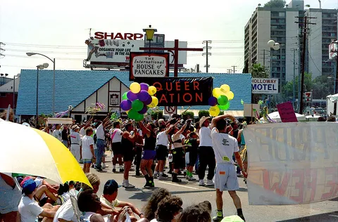 1991LAPride-Ektar125-1-5101Film 0037 - Queer Nation is doing the "Shame Shame Shame" thing - they were doing it every 20 feet (9931759535)