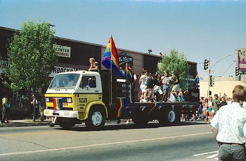 Spring1991-KodakEktar125Film 0036 - The 1st annual Fresno Rainbow Pride - The last float of the 10-minute long parade - The Fresno Express! (9679393621)