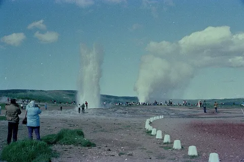 Geysir and Strokkur erupting, shot on Nikon FE